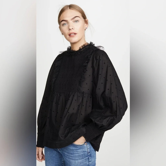 THE GREAT. The Portrait Tulle-Trimmed Flocked Cotton-Blend Voile Smocked Blouse - Picture 1 of 16